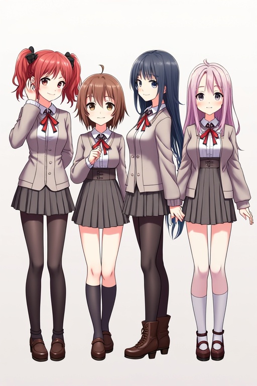 Line up of four female anime characters. Characters have diverse hair colors and styles. They wear matching gray school outfits. The background is plain and light. Each character stands confidently.