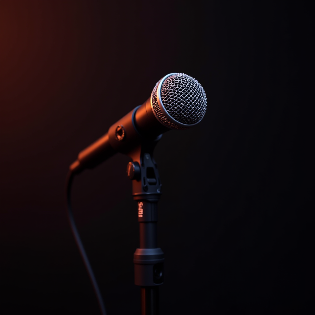 A microphone on a stand is elegantly illuminated, emphasizing its metallic grille against a dark background with warm lighting.