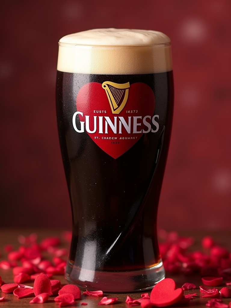 Pint glass of Guinness beer with a Valentine's Day theme. Glass features the Guinness logo prominently. The beer is dark with a creamy head. Heart-shaped decorations surround the glass. Background is filled with blurred red elements.