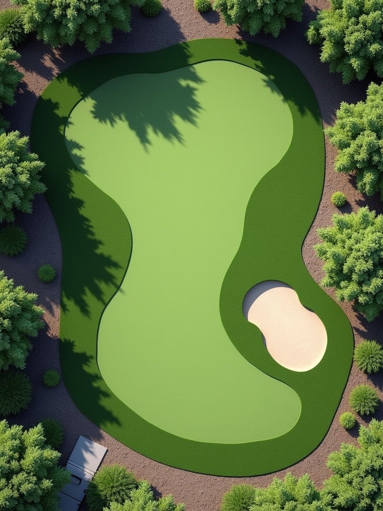 Design a backyard putting green that is 15 by 20 feet in an oval shape. Include five holes with varying slopes for difficulty. Place one sand bunker adjacent to the green. The visual shows the layout clearly from above.