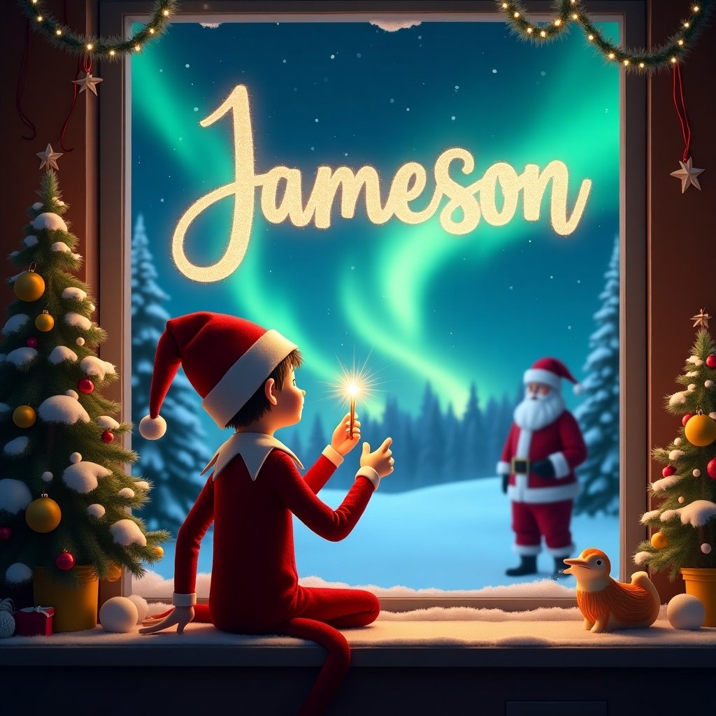 A charming scene features an elf on the shelf seated with back to viewer. Elf faces night sky using magic wand to write name 'Jameson' in light. Background depicts magical Christmas setting with northern lights. Santa Claus seen in distance. Window frame shows decorated trees and snow.