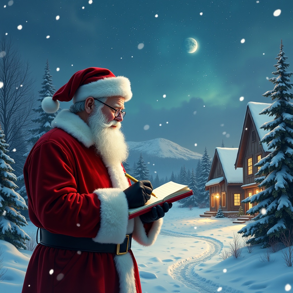 It’s a perfect winter evening, with snow falling gently around. Santa Claus, dressed in his iconic red and white suit, is standing in a snowy village. He's focused on writing something special in his notebook. The scene is illuminated by soft moonlight, creating a magical atmosphere. In the sky, he imagines writing 'Sofia,' adding a personal touch to the tranquil night, as twinkling snowflakes fall around him.