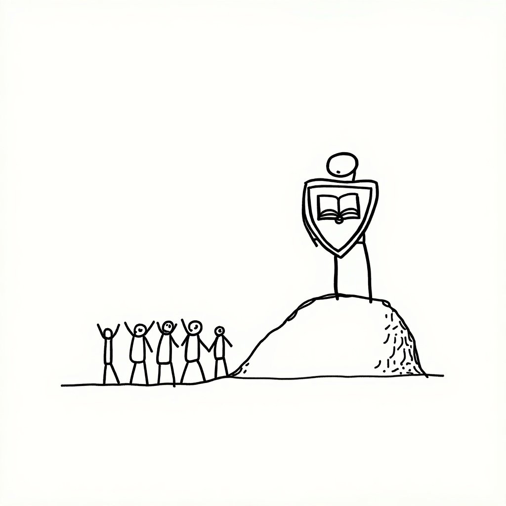 Doodle of a stick figure with a shield bearing a book symbol. Stick figure stands triumphantly on a hill. Background shows smaller stick figures celebrating.