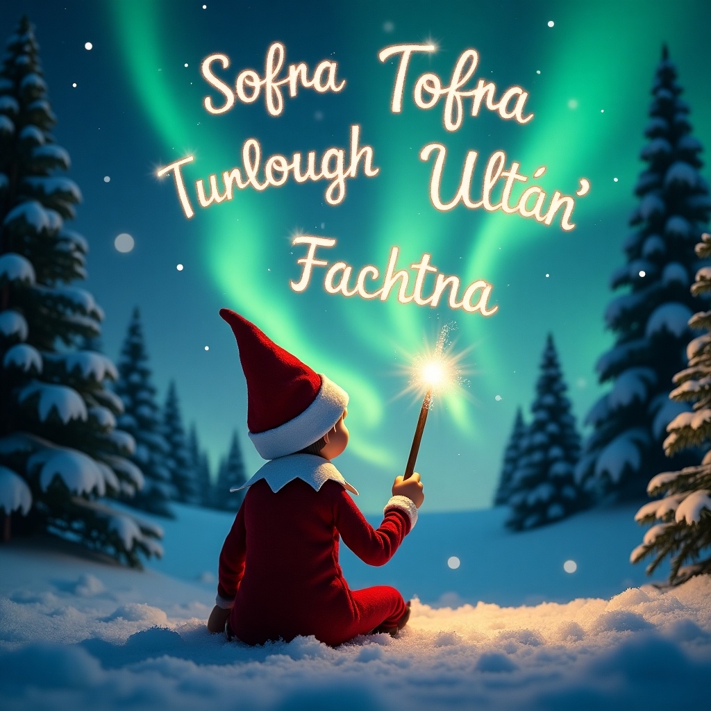 The image features an elf on the shelf, sitting with its back to the viewer, facing a beautiful sky filled with northern lights. The elf is using a magical wand to write names in the sky. The scene is set in a winter wonderland with snow covering the ground and evergreen trees in the background. Above the elf, the names 'Síofra', 'Turlough', 'Ultán', and 'Fachtna' are elegantly written in sparkling light. The overall atmosphere is whimsical and festive, embodying the magic of Christmas.