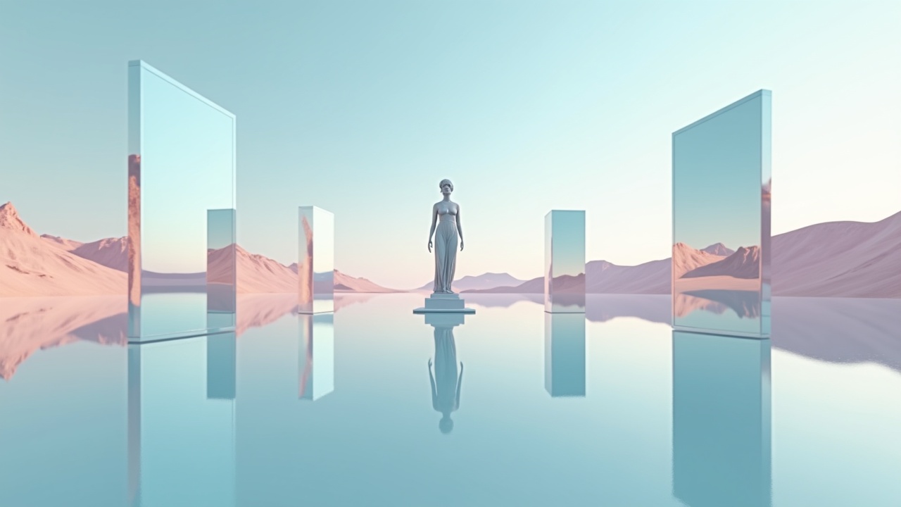 A serene and surreal scene featuring a central statue surrounded by reflective panels. The environment is characterized by soft pastel colors such as light blue and pink. The landscape features gentle slopes, enhancing the sense of calmness. The reflections from the panels create a dreamlike atmosphere. The statue has a timeless quality, embodying grace and poise. This image combines elements of minimalism and modern art principles. It evokes feelings of tranquility and introspection. Overall, it’s a visually striking composition that draws the viewer in.