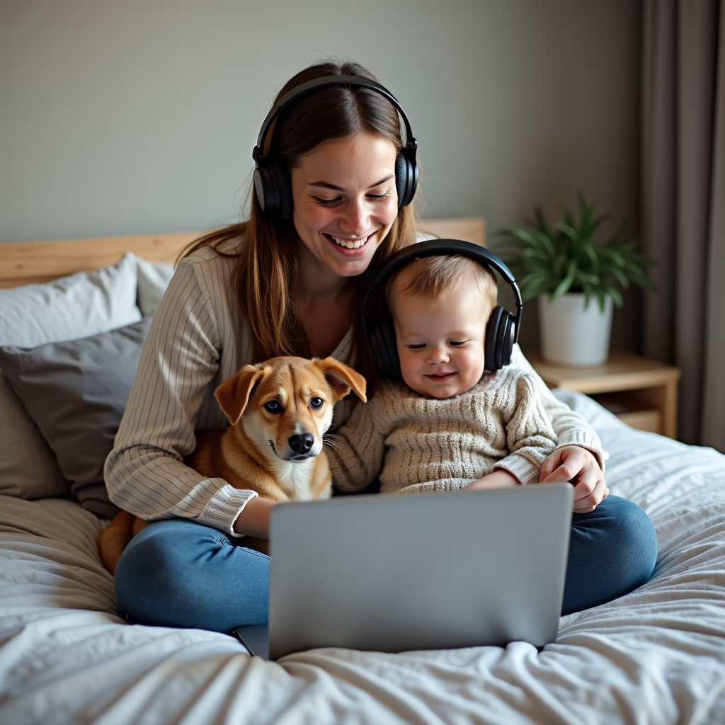 A joyful scene with a woman, toddler, and dog wearing headphones, engaging with a laptop on a bed in a cozy room.