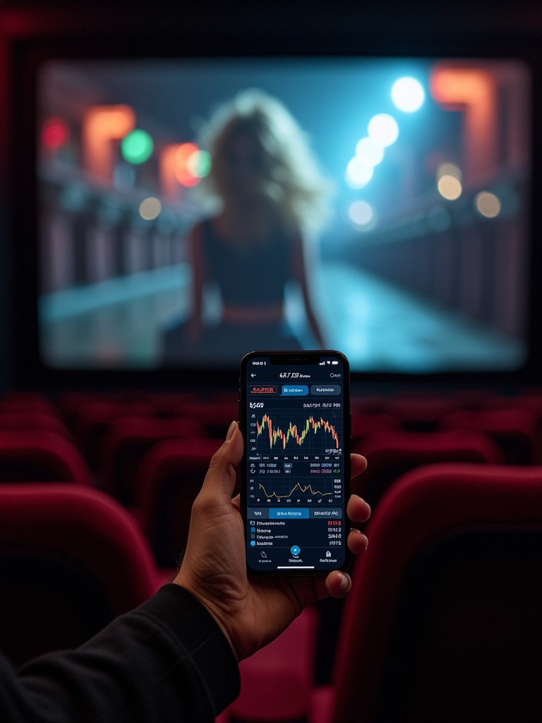 Person holds phone showing stock market data in a theater setting. Film plays in the background. Dimly lit environment. Focus on phone display.