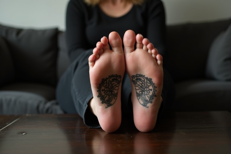 Image features a mature goth woman with tattooed soles on bare feet. She sits comfortably on the sofa with her feet resting on the coffee table. The scene reflects a relaxed vibe with focus on artistic body art.