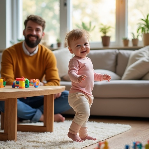 Baby standing by coffee table in family room surrounded by toys with smiling mom and bearded father celebrating special moment.