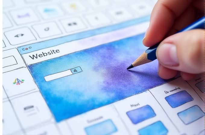 A hand is drawing a website layout using a pencil and watercolor paints on paper.