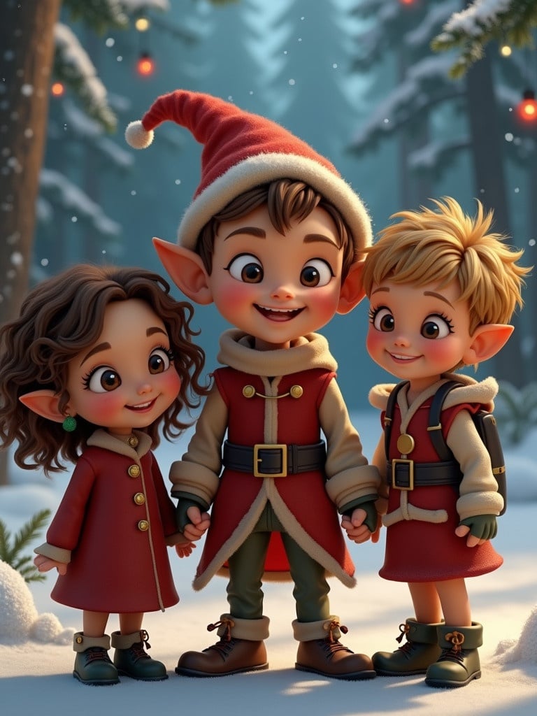 Three characters in a snowy Christmas scene. A boy elf and two friends are holding hands. One friend is a small girl with brown curly hair, and the other is a tall boy with wavy blonde hair. The setting is festive with a winter theme.