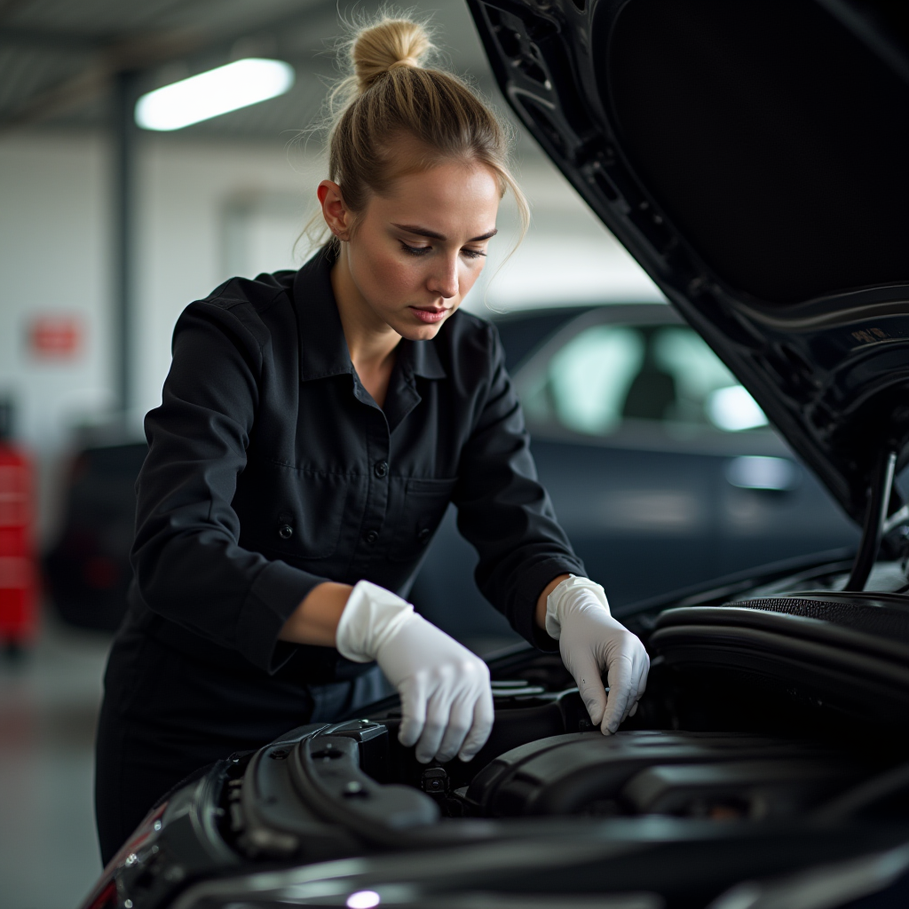 A mechanic in a black uniform, wearing white gloves, diligently examines and works on a car engine in a garage setting.