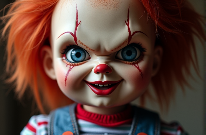 A menacing doll with wild red hair, exaggerated eyebrows, and a wide grin wearing a striped shirt and denim overalls.