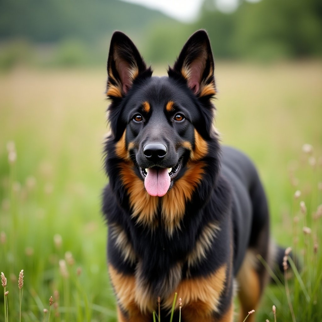 Black and tan German Shepherd stands in a green meadow. The dog smiles with its tongue out. Background shows a blurred natural landscape. The fur is shiny and well-groomed.