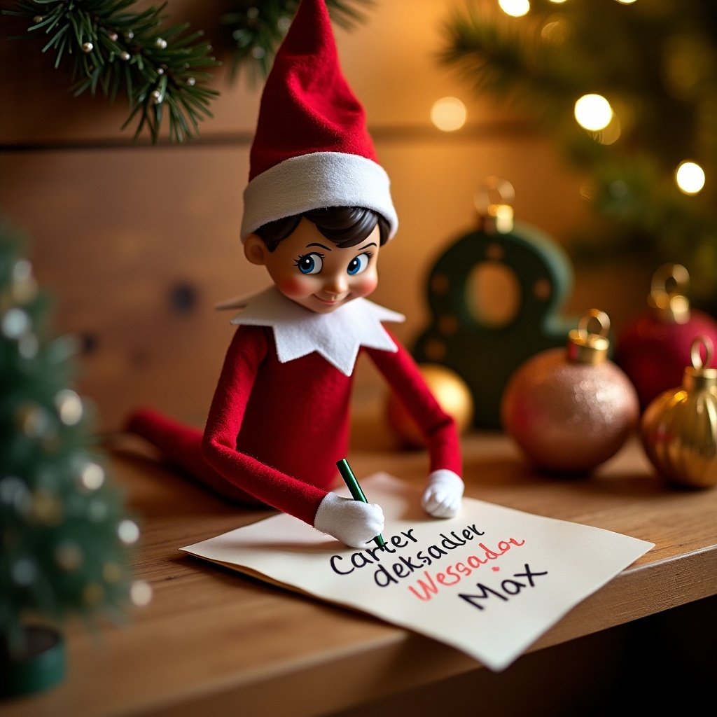 The image captures a festive scene featuring an Elf on the Shelf character. This cheerful elf is dressed in red and white, deeply engaged in writing names on a piece of paper. The names being written are Carter, Josie, Aleksander, and Max. Surrounding the elf are holiday decorations, including a small Christmas tree and colorful ornaments. The scene is illuminated with warm lights, evoking a cozy, joyful holiday ambiance. It's an enchanting representation of holiday cheer and anticipation related to Christmas traditions. This image beautifully illustrates the interactive spirit of the Elf on the Shelf concept during the holiday season.