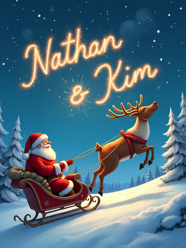 Santa Claus flying in a sleigh with a reindeer in a snowy landscape. Santa writes the names Nathan and Kim in the sky with a sparkler.