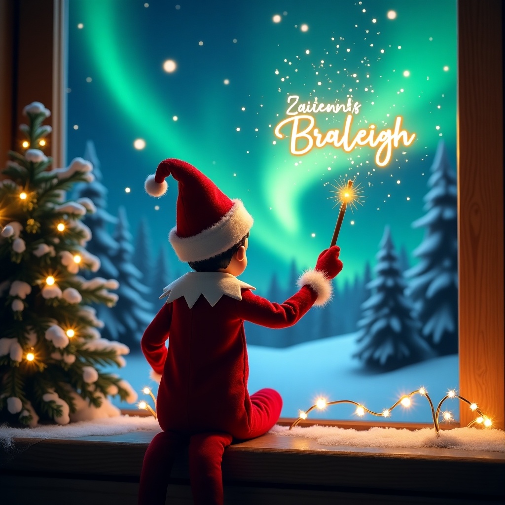 This image showcases an enchanting Christmas scene, featuring an elf on the shelf who is facing a vibrant sky filled with northern lights. The elf is dressed in traditional red and white attire, wielding a magic wand, and positioned atop a window ledge. A glowing script with the names 'Zaiden', 'Braleigh', and 'Rylee' floats above, adding a personal touch to the scene. Surrounding the elf are festive decorations, including a small Christmas tree adorned with lights. The atmosphere is magical, perfectly capturing the whimsical spirit of the holiday season. The image evokes feelings of joy and wonder, making it ideal for holiday celebrations.