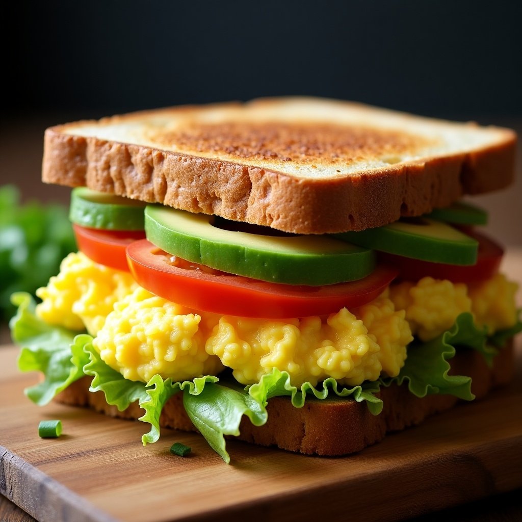 A sandwich made of toast layered with scrambled eggs, lettuce, tomato, and avocado.