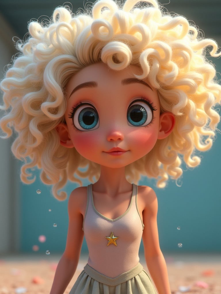 Character from an animated film. She has curly platinum blonde hair and bright blue eyes. She is doing gymnastics gracefully.