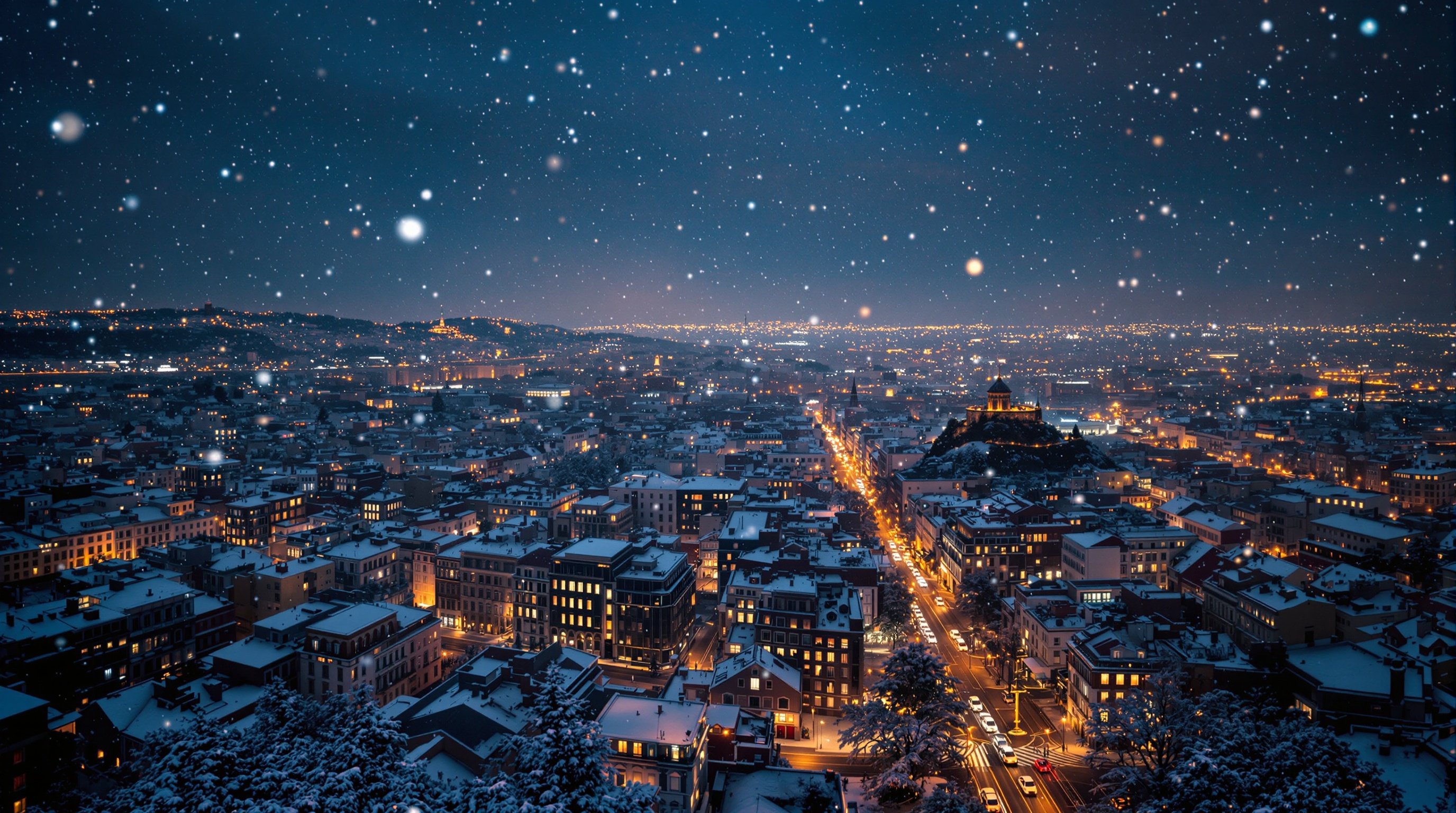 Cinematic aerial image. Wide shot of snowy, festive cityscape at night. Lisbon in the background. Twinkling lights and gentle snowfall create magical atmosphere shot on Arriflex Alexa. Ultrarealistic.