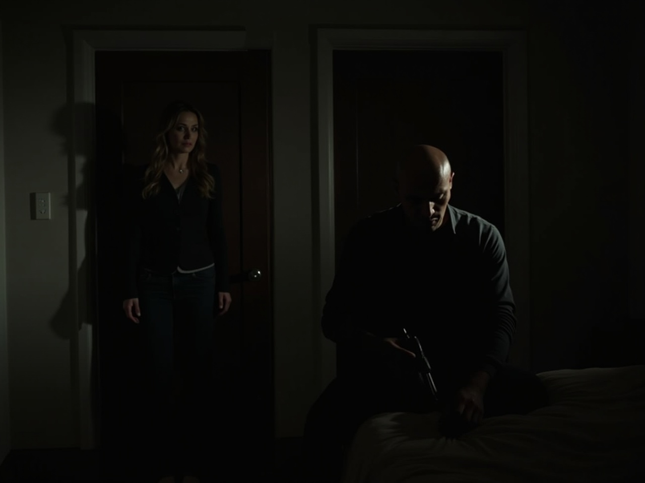 This image depicts a dark and intimate bedroom scene that evokes a sense of tension and drama. The husband is seated on the edge of the bed, his face obscured in shadow, and he holds a gun loosely in his hand. Meanwhile, his wife stands in the doorway, with an expression of fear and sorrow on her face. The dim lighting in the room creates a moody atmosphere, with soft light streaming through the window, casting long shadows on the walls. This contrast adds to the emotional weight of the scene, highlighting the complex dynamics of their relationship.