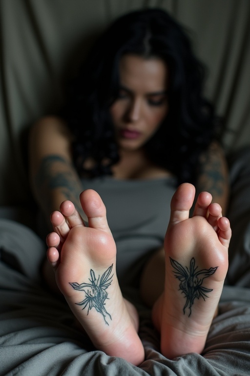 Image features a mature goth woman with long black hair. She shows her tattooed soles of bare feet. She is lying on the bed and sleeping. Background is soft and blurred.