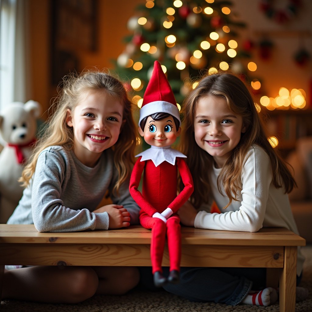 Three children pose with a festive elf on the shelf. Kids are smiling. Background has a Christmas tree adorned with lights. Cozy warm atmosphere. Red and white elf is central.