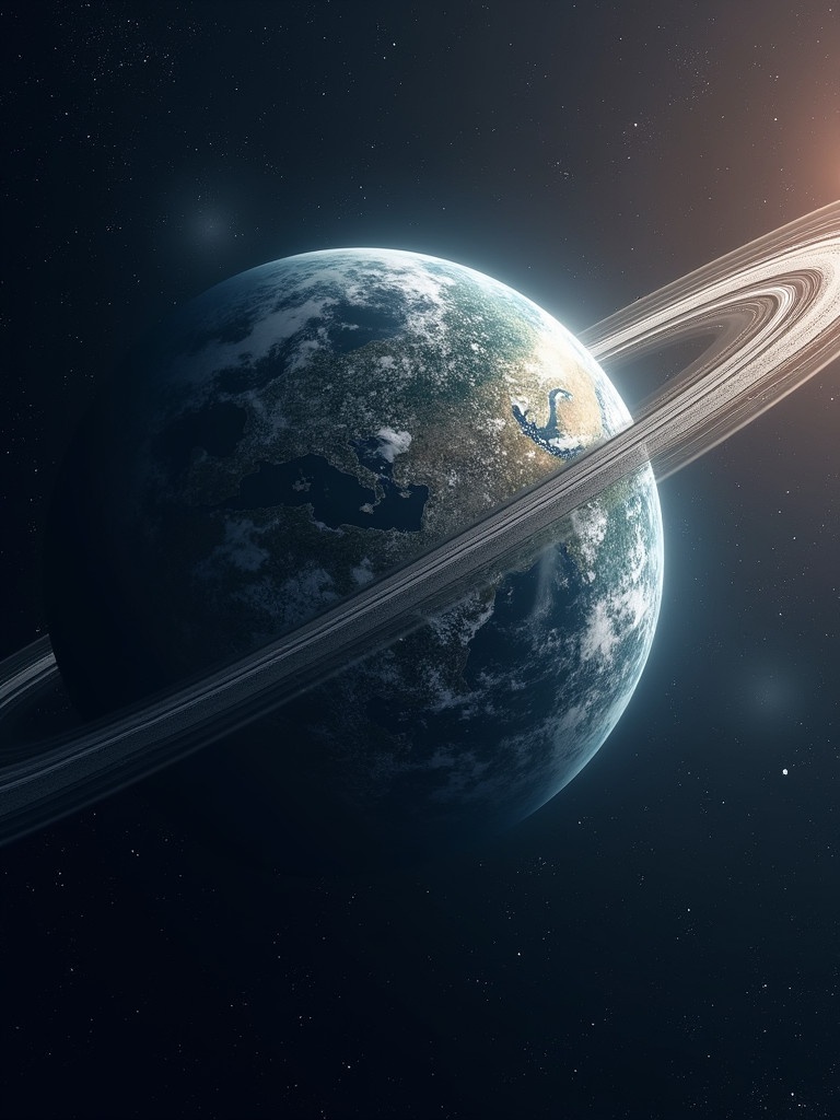 Realistic depiction of a planet in space featuring an asteroid ring. Planet surface showcases woodland, mountain, and ice biomes with small oceans and seas visible.