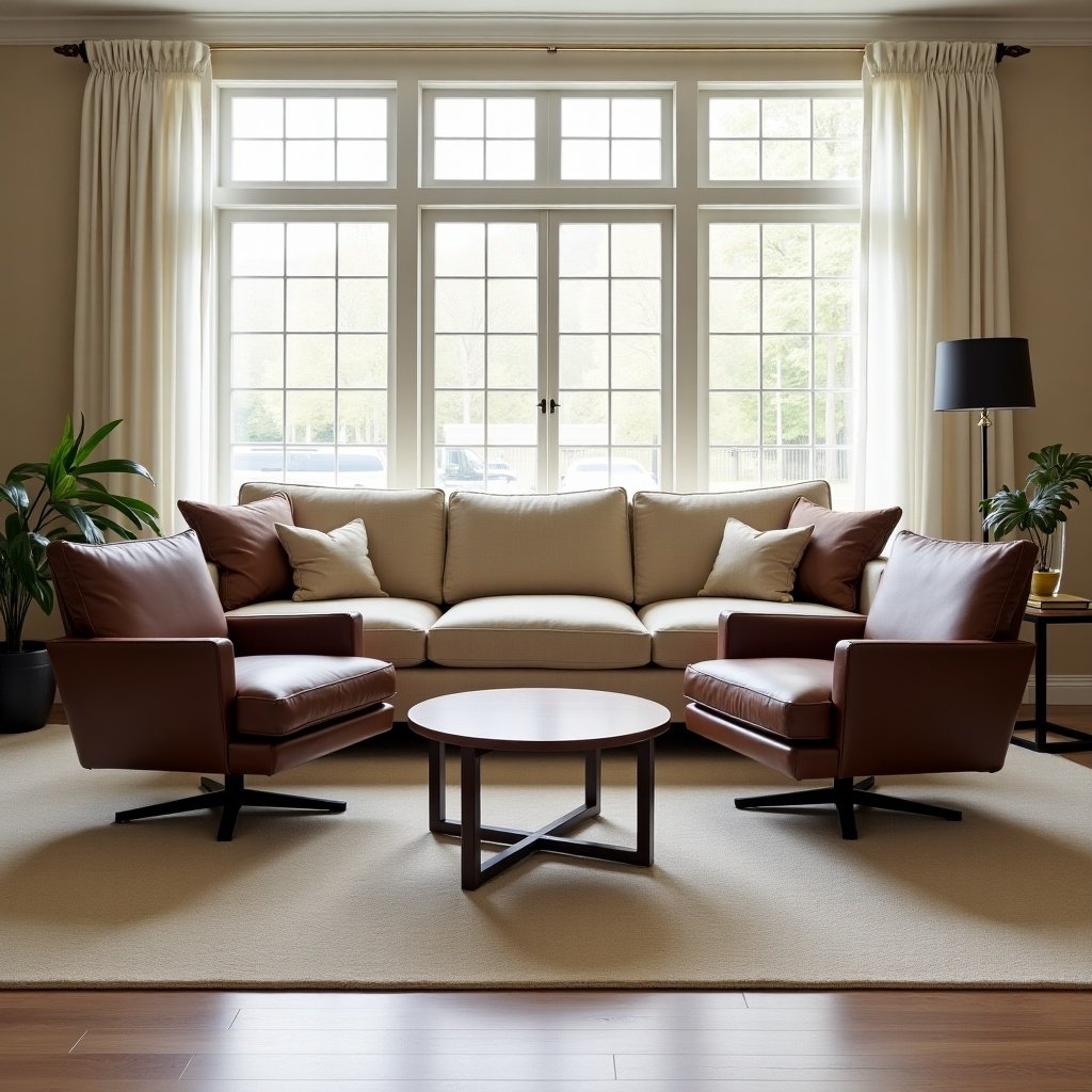 Living room features a beige couch with two brown accent chairs. There is a round coffee table in front. Large windows bring in natural light. Plants add greenery to the corners. Neutral color palette enhances comfort.