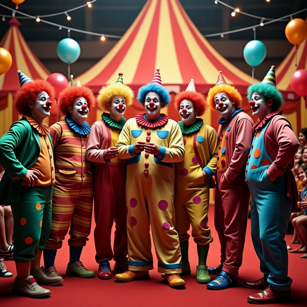 A group of colorful clowns in a circus setting. They wear vibrant costumes and make cheerful expressions. The backdrop features a red and yellow striped tent. Balloons are visible in the atmosphere. The scene appears lively and festive.