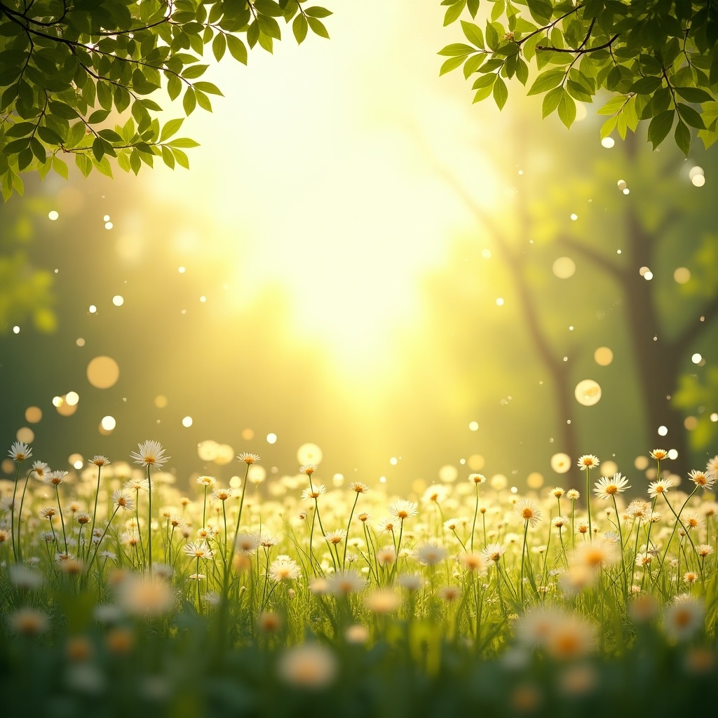 The image depicts a beautiful sunny day in a lush meadow. Daisies and other wildflowers cover the ground, creating a vibrant blanket of colors. Soft sunlight filters through the leaves of surrounding trees, casting a magical glow. Gentle bokeh effects add depth and a dreamy feel to the scene. The overall atmosphere evokes a sense of peace and joy, perfect for a nature lover's retreat.