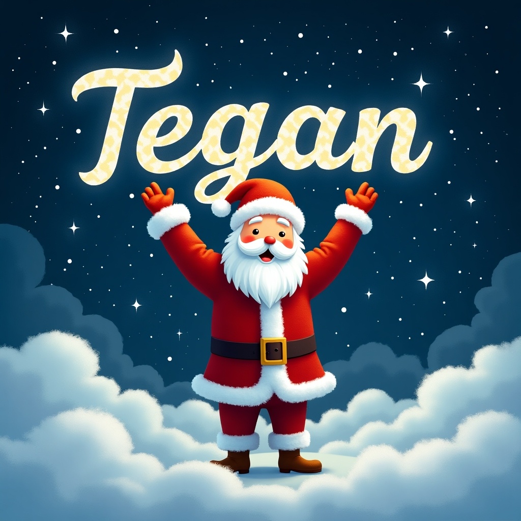 A festive illustration of Santa Claus standing in a cloud, joyfully raising his arms. He is dressed in his traditional red suit with a fluffy white beard. Above him, the name 'Tegan' is written in shining letters, illuminated in the night sky. The background is filled with twinkling stars and a deep blue color. The overall feel is cheerful and whimsical, capturing the holiday spirit perfectly.