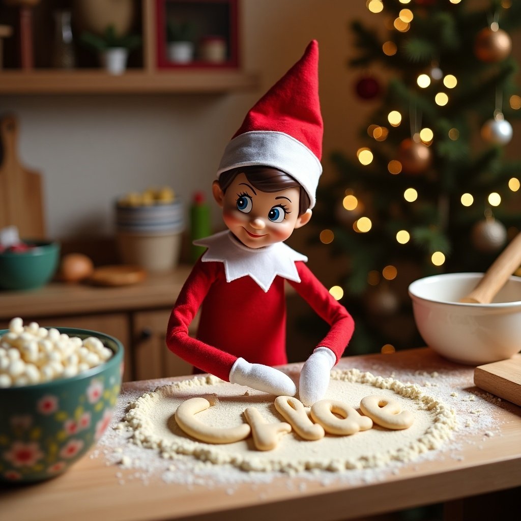 Elf on the shelf character making cookies by writing the name Chloe in flour.