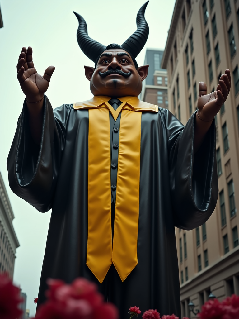 A towering figure with horns, wearing a robe and yellow sash, stands between tall buildings.