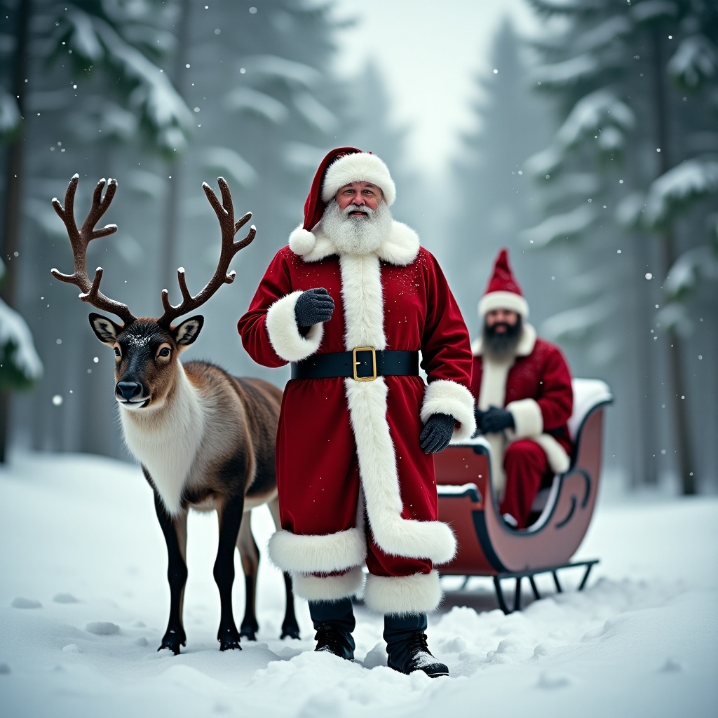 A realistic depiction of Santa Claus standing in the snow beside his reindeer. The setting is a winter forest that enhances the holiday spirit. Santa wears a classic red suit with white fur trim and holds a list. Soft snowfall adds to the winter atmosphere. Santa is next to a sleigh.