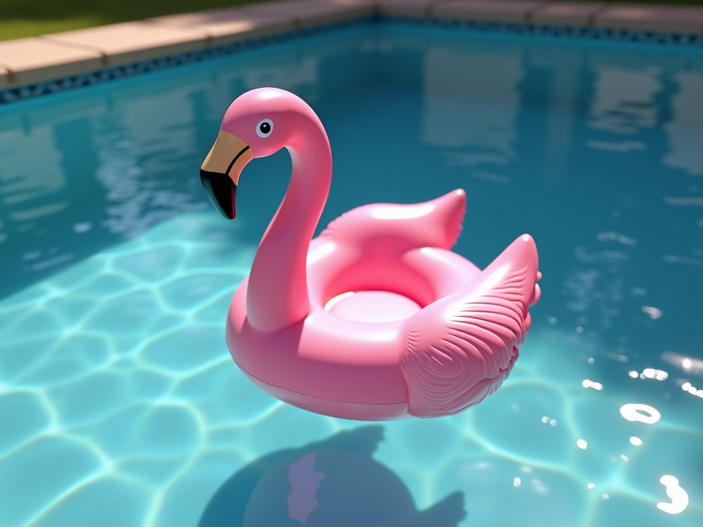 A bright pink inflatable flamingo float sits on the clear blue water of a sunlit pool.