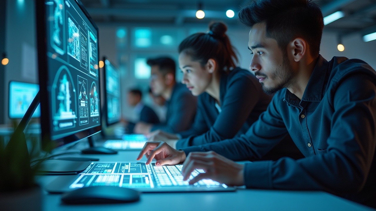 Photograph of BIM professionals collaborating in a high-tech design studio. Close-up shots display their faces focused on screens. Use of digital tools and monitoring of information. Emphasize concentration and creativity in a magical atmosphere.