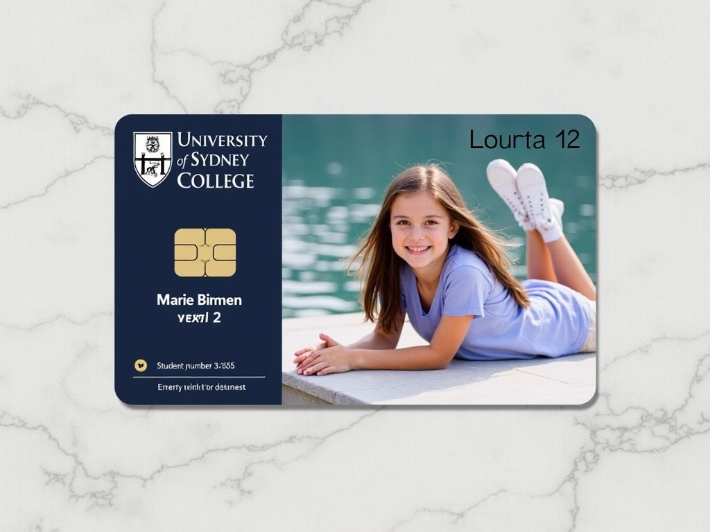 This image features a student ID card from the University of Sydney College, specifically for Year 12 students. It prominently displays the name Marie Birlem, accompanied by her photograph. The card's background includes the university logo and a sleek design. The card lies on a marble surface, enhancing its visual appeal. The lighting is bright and natural, making the elements stand out vividly. This ID card serves as a representation of identity and access within the university environment.