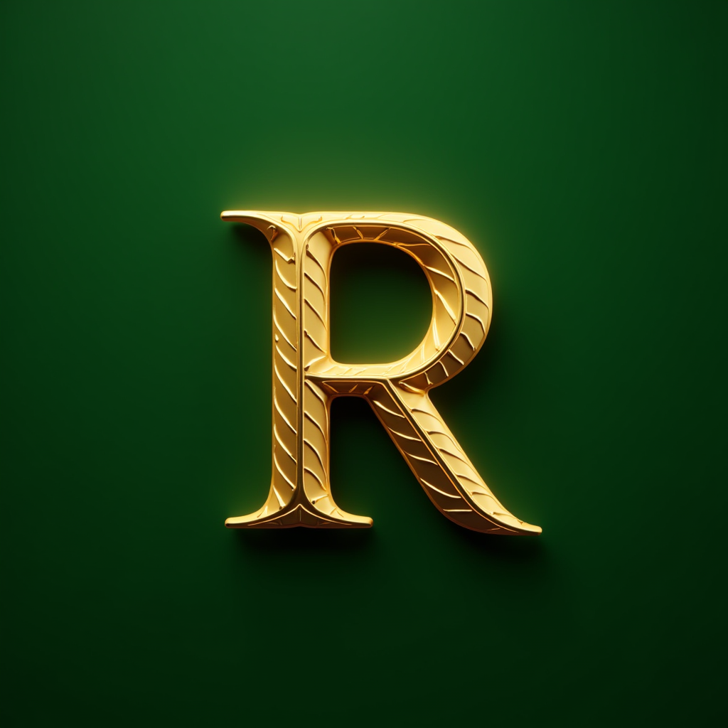 A luxurious golden letter 'R' with intricate engravings on a rich green background.