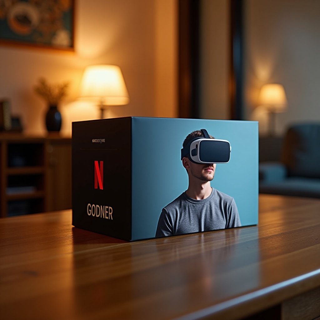 A box featuring a VR headset on a wooden table with Netflix and Godner branding in a warmly lit room.