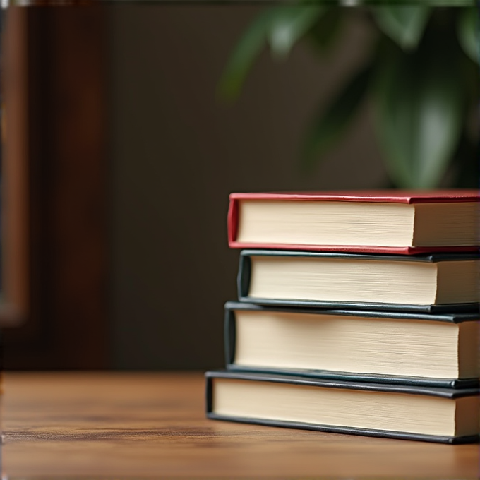 A stack of hardcover books with colored bindings sits on a wooden table, with a blurred plant in the background.