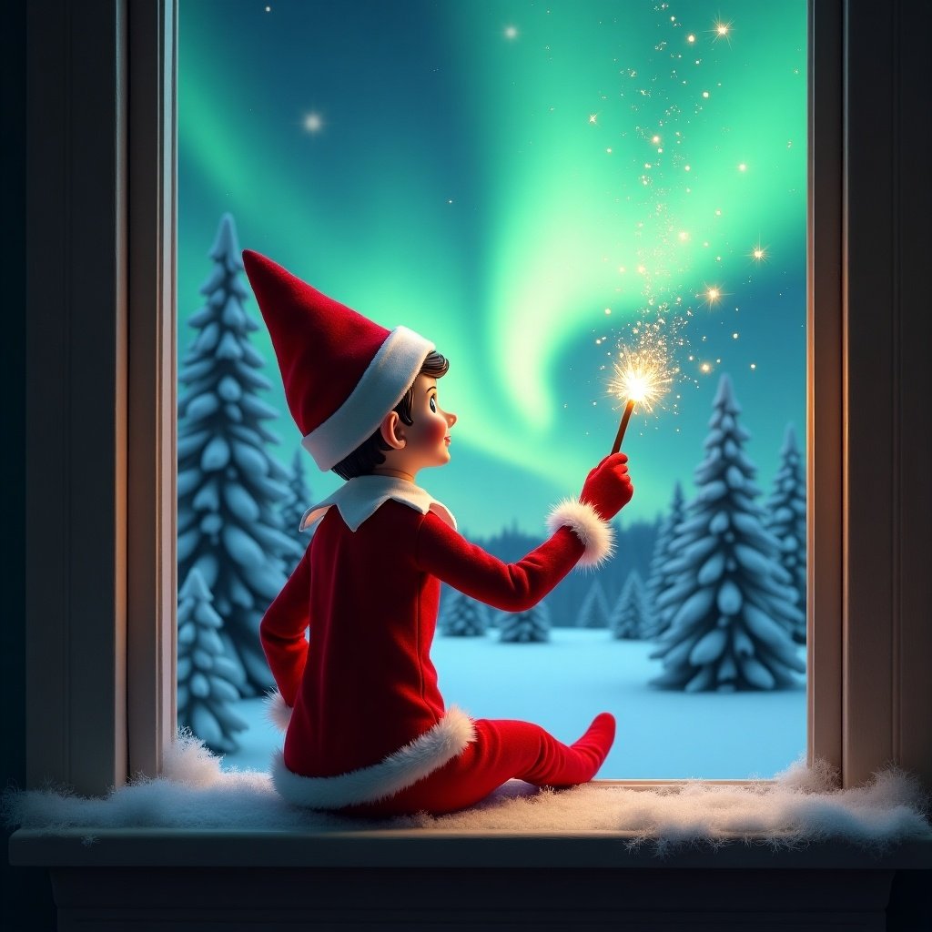 The image depicts a charming elf seated on a window ledge, facing away from the viewer. Dressed in a bright red suit with white cuffs, he holds a sparkling wand that emits twinkling sparks. Outside the window, the captivating northern lights dance in shades of green and blue in the night sky. Surrounding the elf are snow-covered pine trees, enhancing the wintry atmosphere. This enchanting scene exudes a magical holiday vibe, reminding viewers of the joy and wonder of Christmas.