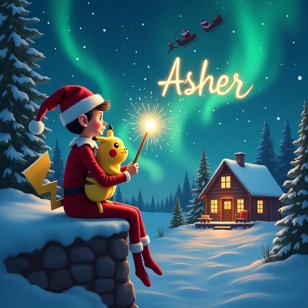 This enchanting scene features an elf on the shelf sitting on a snowy ledge with Pikachu next to him, both facing the viewer. The elf gazes up into a beautiful night sky filled with twinkling stars and vibrant northern lights. He holds a sparkling wand, writing the name Asher in the air, creating a magical effect. In the background, a cozy cabin glows warmly, evoking a sense of holiday comfort. Santa and his sleigh can be seen flying across the sky, adding to the festive atmosphere.