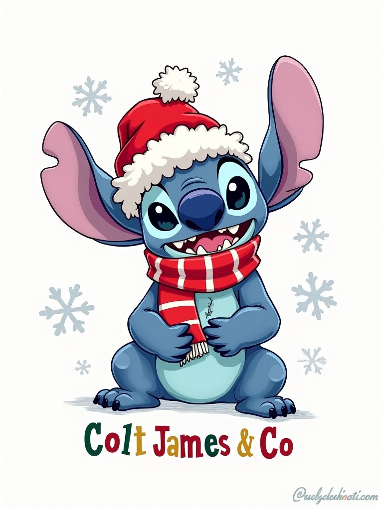 Drawing of Stitch character wearing a festive Christmas hat and scarf. Stitch has a cheerful expression. Name 'Colt James & Co' is in colorful letters. Snowflakes are scattered around the background.