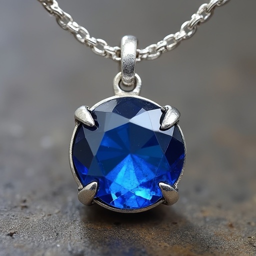 Blue round polished gemstone on a silver chain. Lace-like silver talons wrap around the gem.