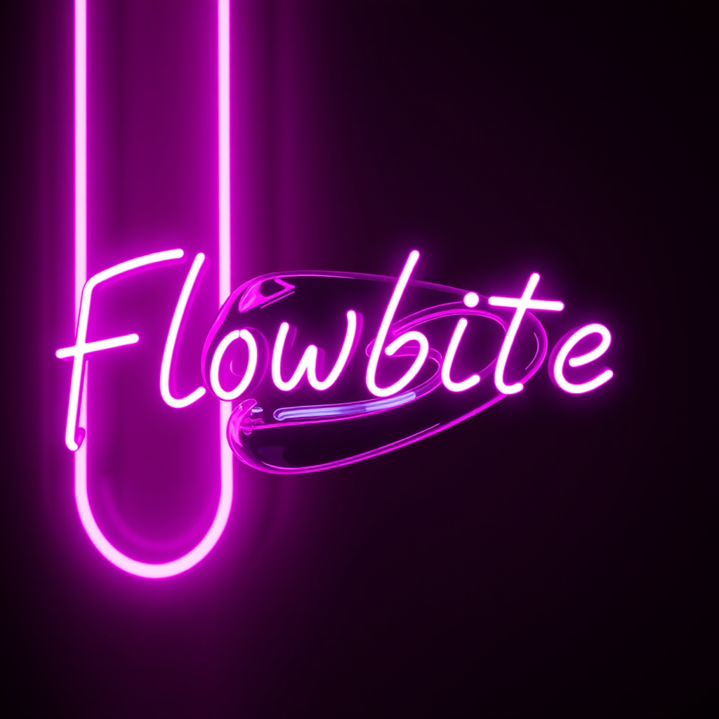 A vivid neon sign displaying the word 'Flowbite' in bright pink against a dark background, with a stylized neon circle and vertical line for added effect.