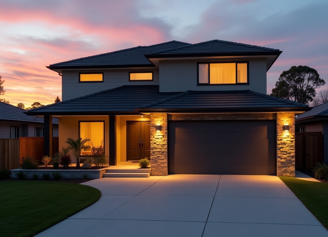 This image depicts a modern house during sunset, showcasing a close-up view of its driveway and front entrance. The house features sleek lines and earthy neutral tones, enhanced by warm side lighting. Prominent lighting fixtures illuminate the entrance, adding to the inviting atmosphere. The driveway is spacious, leading up to a stylish garage. The backdrop features a scenic sunset panorama, creating a tranquil and aesthetically pleasing environment.