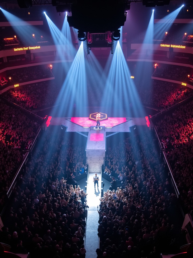 Concert image showcasing Roddy Rich performing at Madison Square Garden. Drone view captures T-stage runway and vibrant stage lighting. Large crowd gathered below.