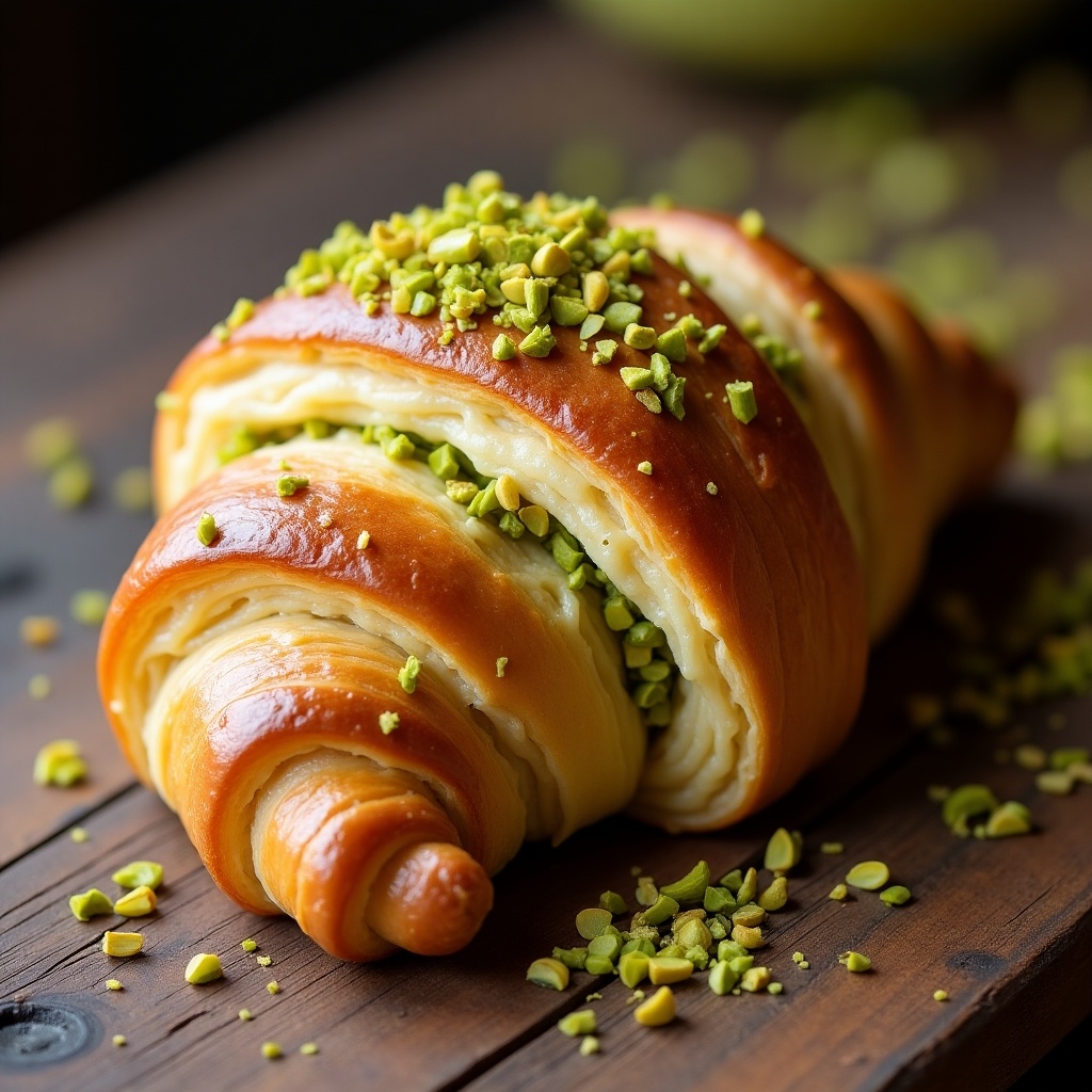 A freshly baked pistachio croissant sits elegantly on a rustic wooden surface. The croissant is adorned with chopped pistachios scattered around it. Soft and natural light enhances the warm golden hues of the croissant, showcasing its flaky texture. This delicious pastry is perfect for breakfast or as a sweet treat. The vibrant green pistachios add a pop of color, making the croissant visually appealing. Enjoy this gourmet delight, ideal for food lovers and pastry enthusiasts alike.