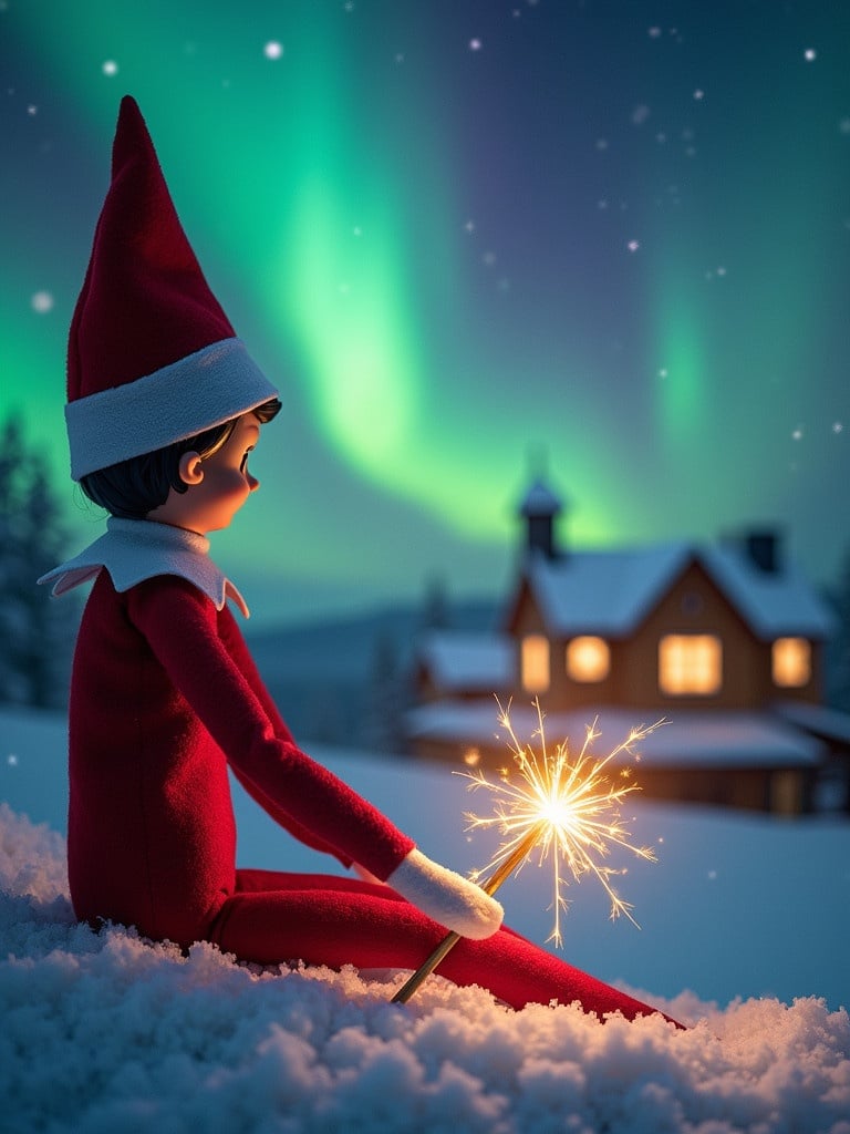 Elf sits looking at the northern lights. The elf holds a glowing wand sparking joy. A cozy cabin with warm light in the background. Snow blankets the ground creating a winter scene. The magical names appear from the wand. Elf embodies Christmas wonder.